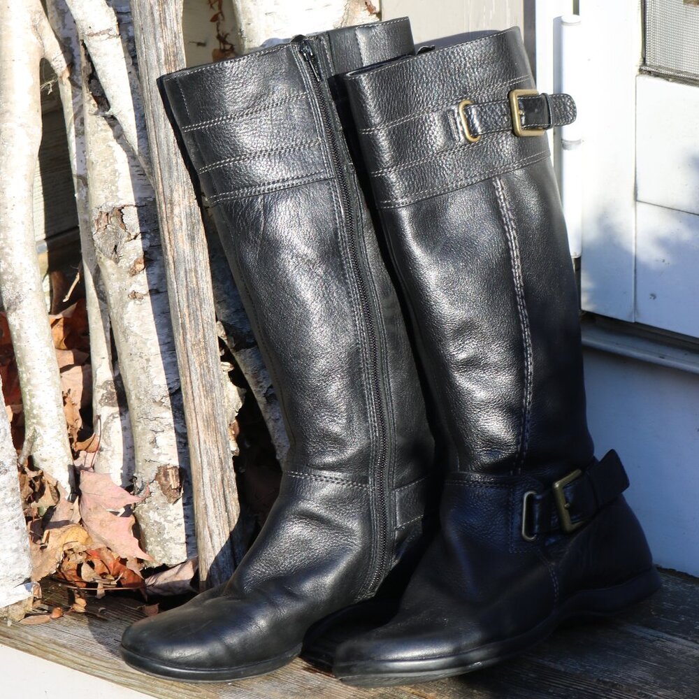 ECCO Black Tumbled Leather Staps w Buckle Faux Fur Lined Flexible Boots Sz 37